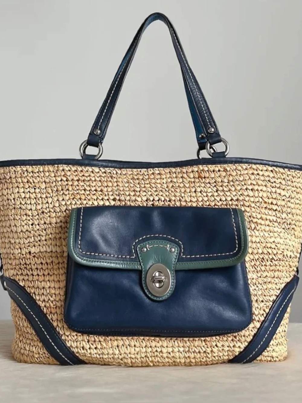 Coach raffia Woven Straw Tote with Navy and Green Leather Trim and front pocket